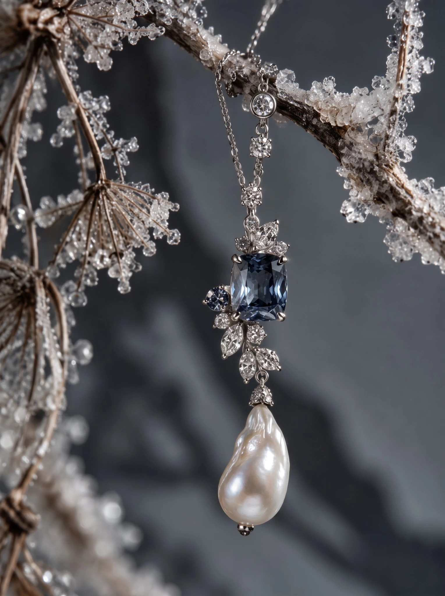 FROZEN BOTANICA: blue gemstone and baroque pearl pendant suspended from a frost-covered branch