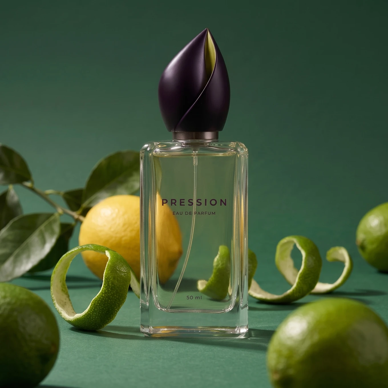 PRESSION perfume concept: sculptural purple cap, glass bottle and fresh citrus against a green studio backdrop