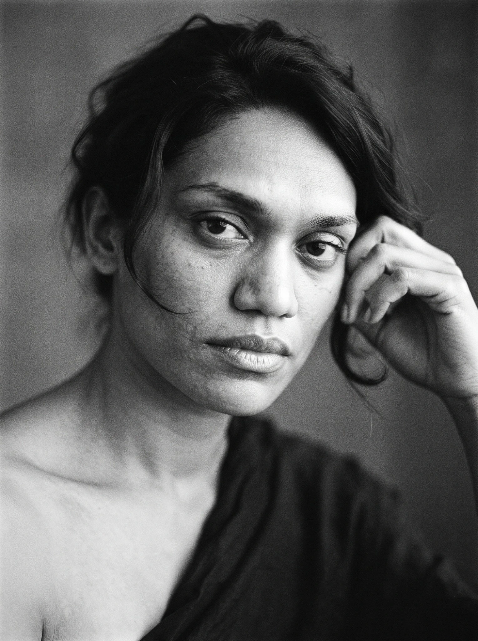 Black-and-white editorial portrait with a hand resting beside the face